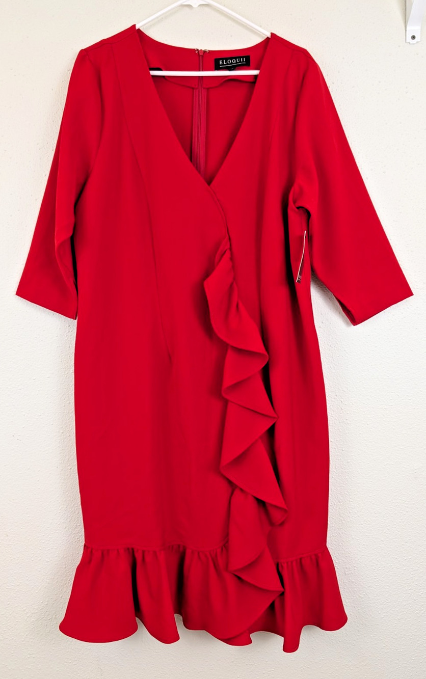 New Eloquii sz 16 Shift Dress red ruffly 3/4 sleeves stretchy v-neck 1216